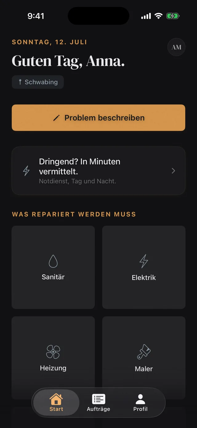 OPUS App — Startbildschirm und Auftragsverfolgung des Prototyps